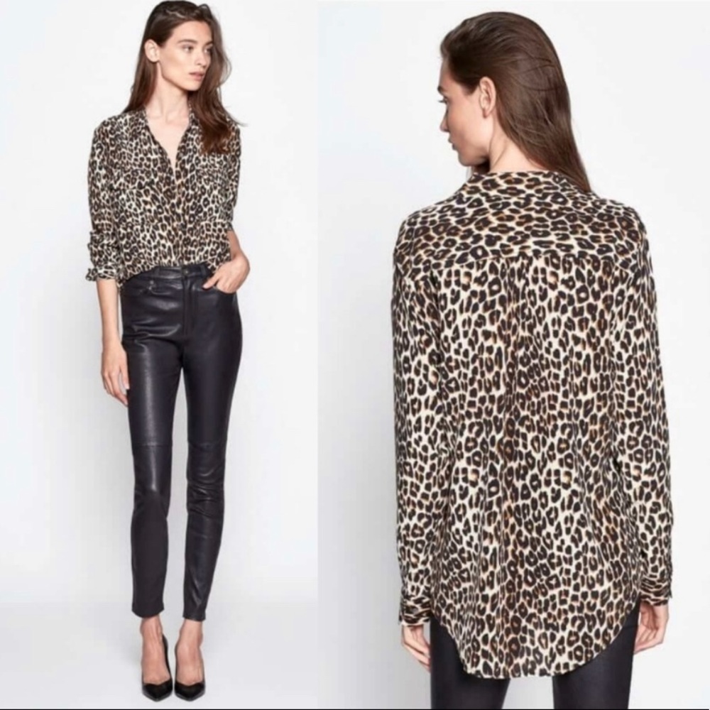 Equipment 100% Silk Slim Signature Button Front Leopard Print Blouse